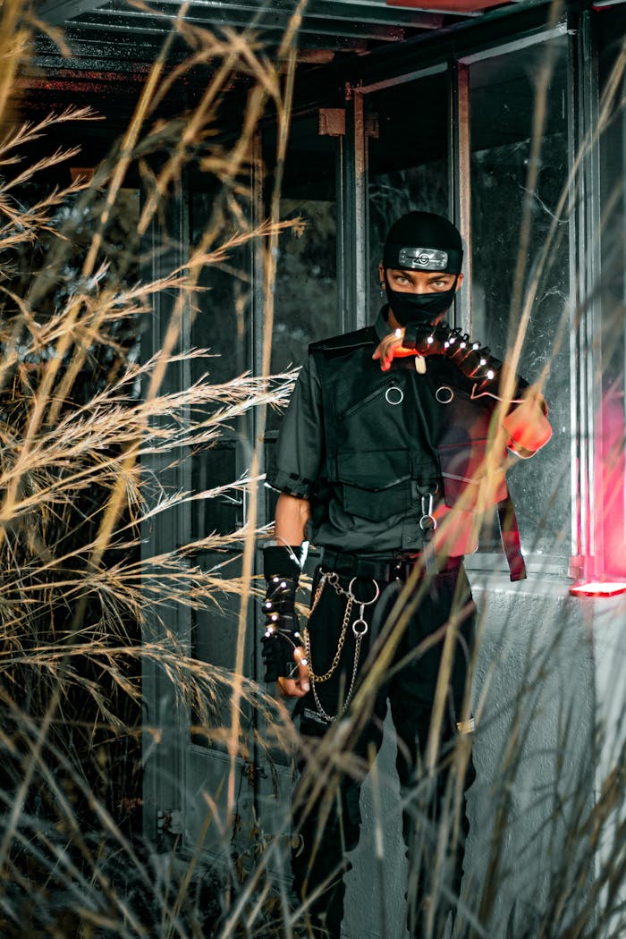 A person dressed as a ninja in an urban setting with vibrant neon lights, showcasing creativity and expression.